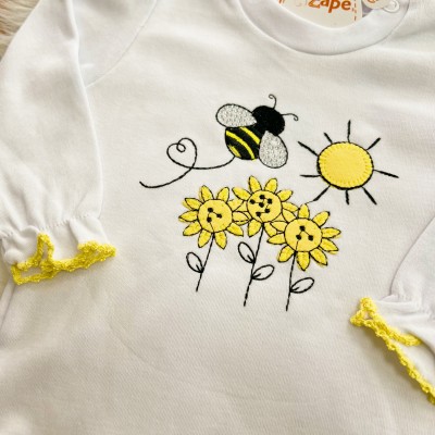 Conj. Body Manga Longa e Calça Abelhinha com Poá Preto - Branco e Amarelo